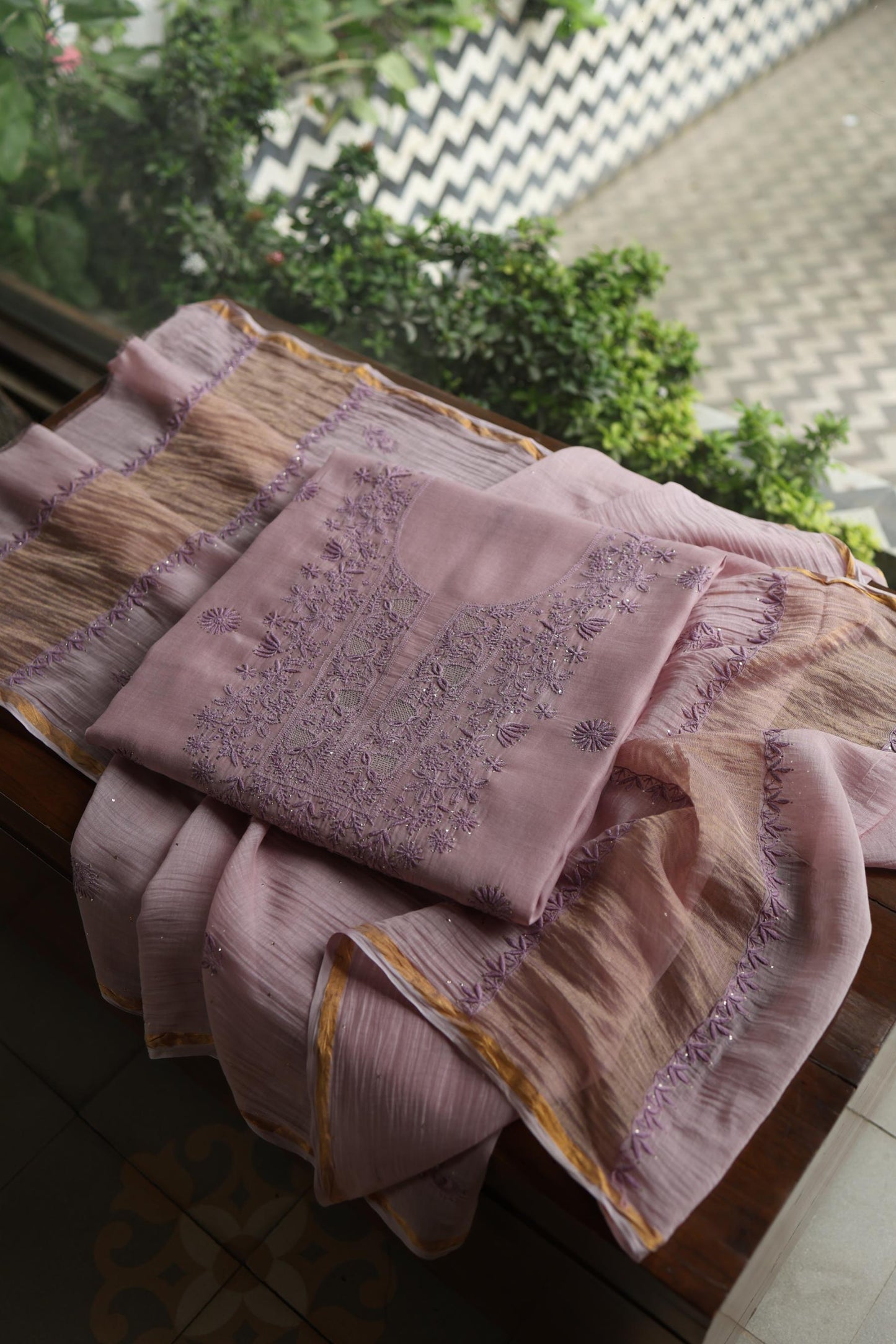 Dusty Lavender Shade Mal Cotton Chikankari Unstitched Kurta Dupatta Fabric With Kamdani