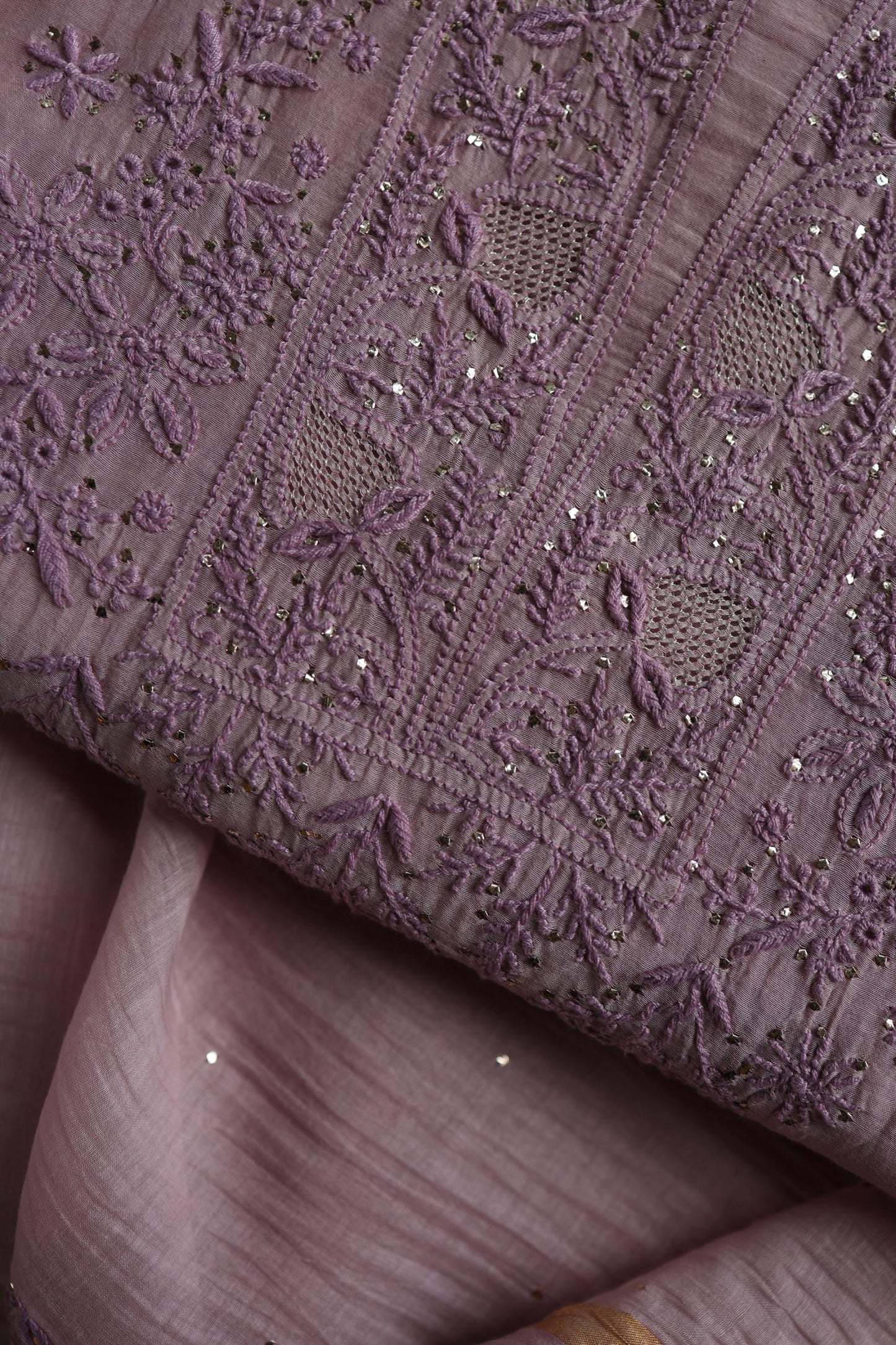 Dusty Lavender Shade Mal Cotton Chikankari Unstitched Kurta Dupatta Fabric With Kamdani