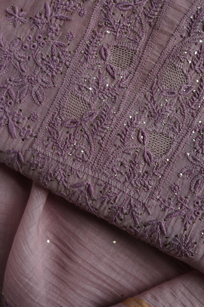 Dusty Lavender Shade Mal Cotton Chikankari Unstitched Kurta Dupatta Fabric With Kamdani