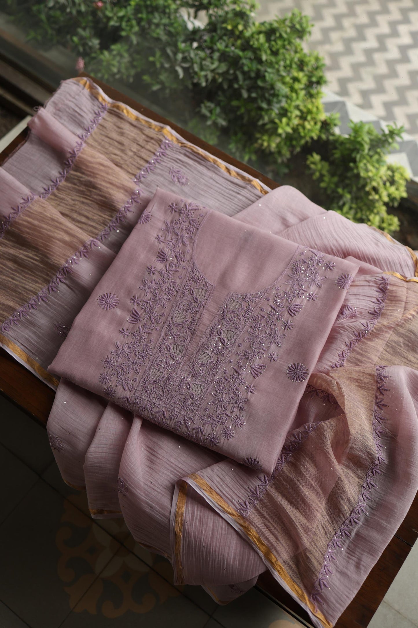 Dusty Lavender Shade Mal Cotton Chikankari Unstitched Kurta Dupatta Fabric With Kamdani