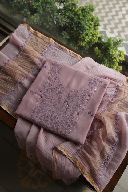Dusty Lavender Shade Mal Cotton Chikankari Unstitched Kurta Dupatta Fabric With Kamdani
