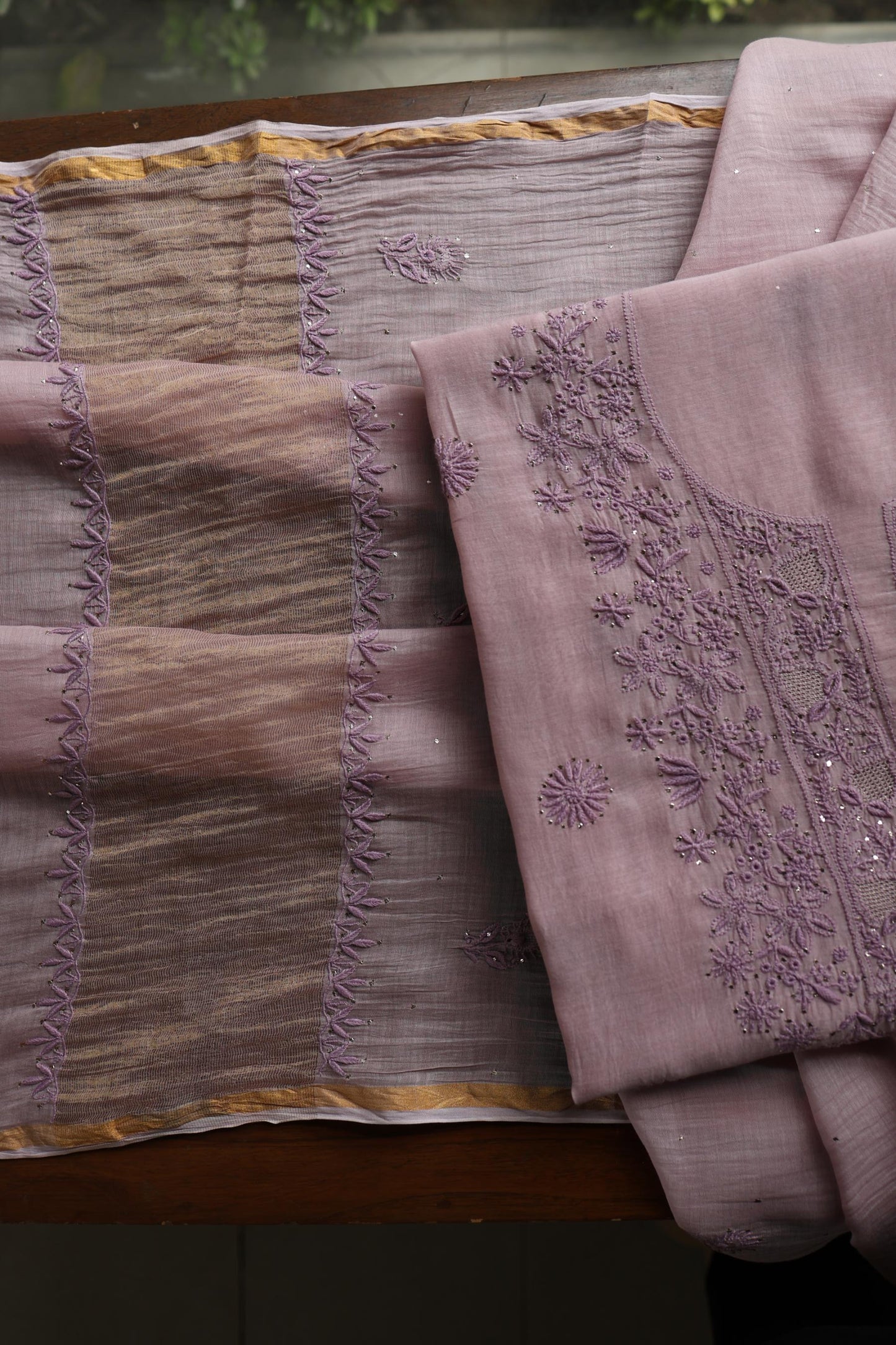 Dusty Lavender Shade Mal Cotton Chikankari Unstitched Kurta Dupatta Fabric With Kamdani