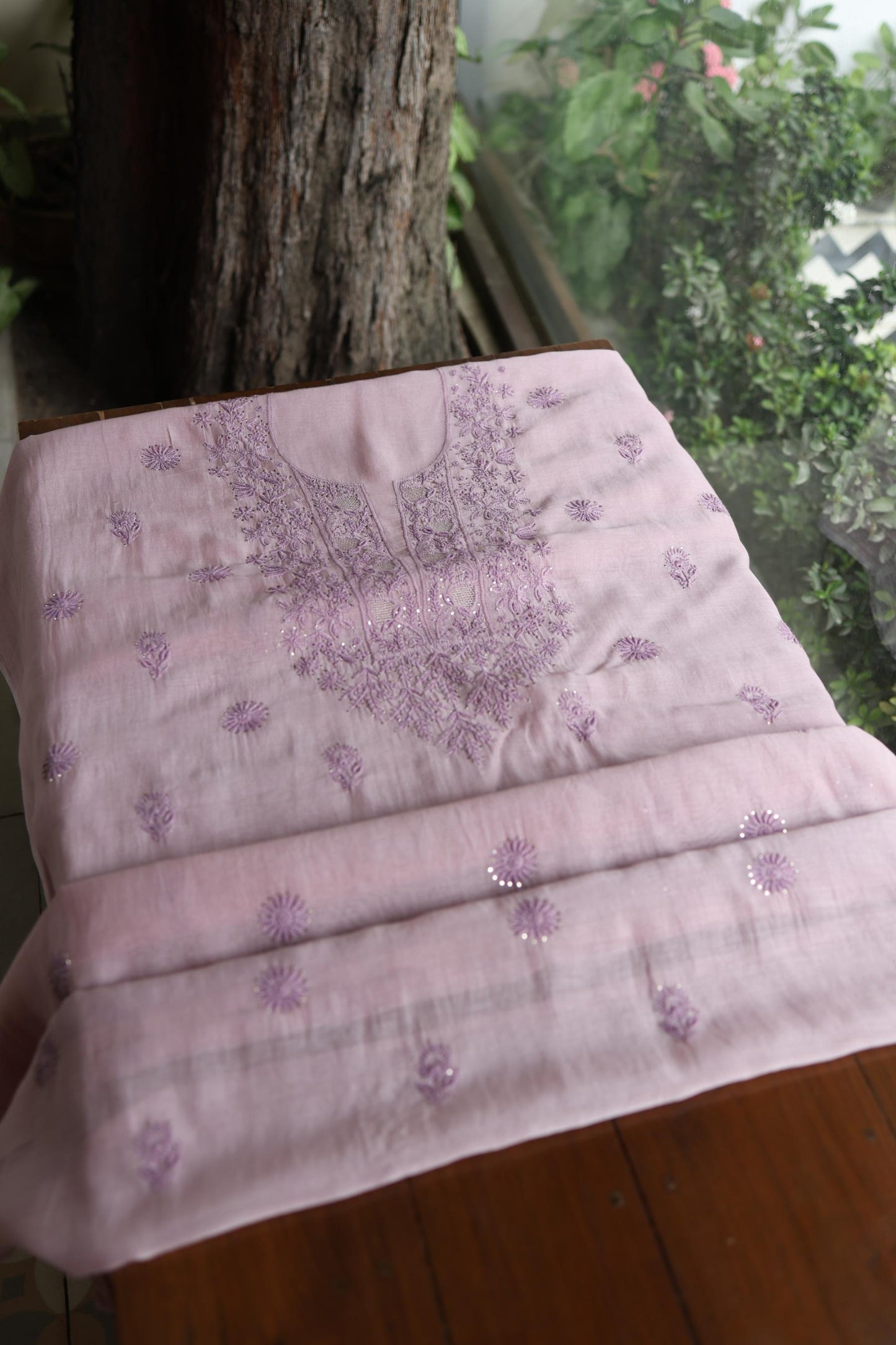 Dusty Lavender Shade Mal Cotton Chikankari Unstitched Kurta Dupatta Fabric With Kamdani