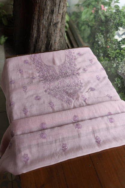 Dusty Lavender Shade Mal Cotton Chikankari Unstitched Kurta Dupatta Fabric With Kamdani