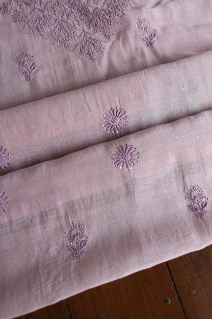 Dusty Lavender Shade Mal Cotton Chikankari Unstitched Kurta Dupatta Fabric With Kamdani