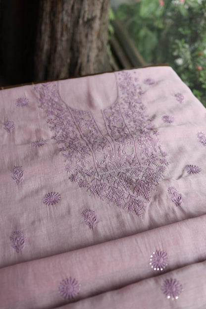 Dusty Lavender Shade Mal Cotton Chikankari Unstitched Kurta Dupatta Fabric With Kamdani
