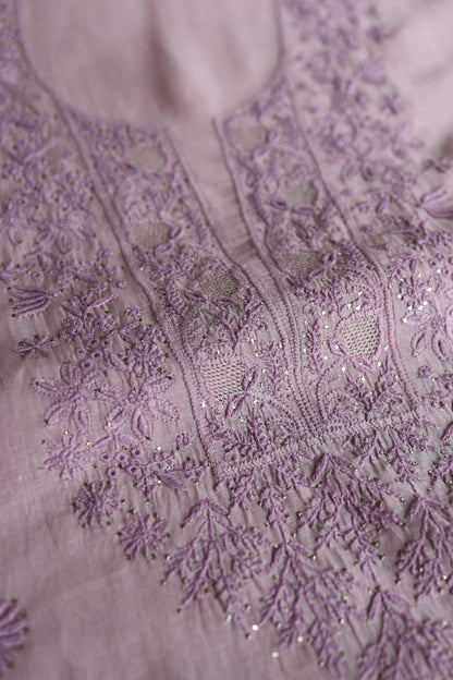 Dusty Lavender Shade Mal Cotton Chikankari Unstitched Kurta Dupatta Fabric With Kamdani