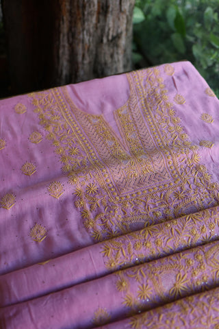 Dusty Lavender Shade Mal Cotton Fine Chikankari With Kamdani Work Unstitched Fabric