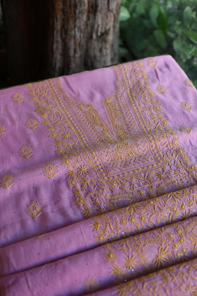 Dusty Lavender Shade Mal Cotton Fine Chikankari With Kamdani Work Unstitched Fabric
