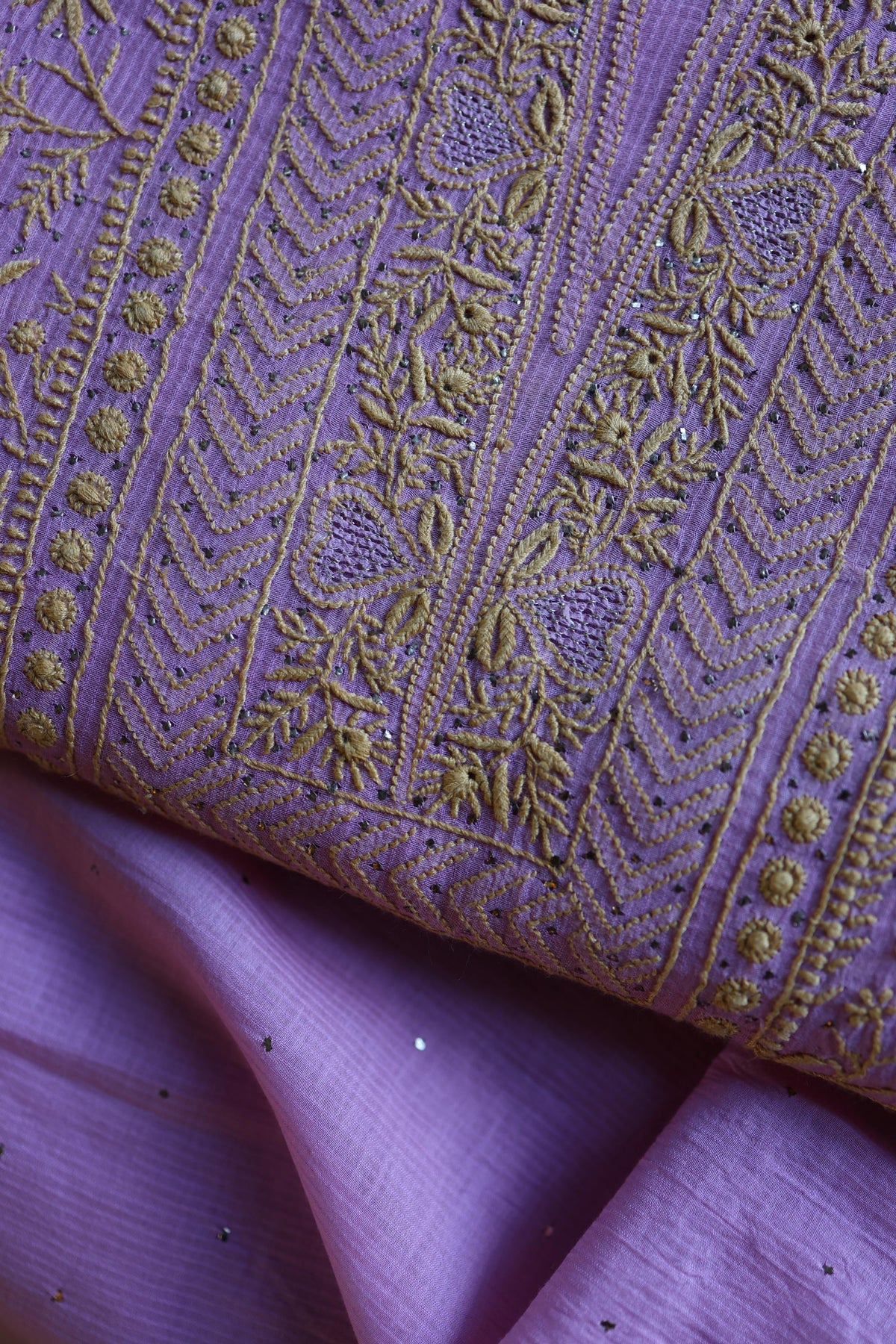 Dusty Lavender Shade Mal Cotton Fine Chikankari With Kamdani Work Unstitched Fabric