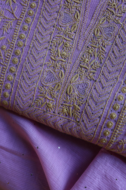 Dusty Lavender Shade Mal Cotton Fine Chikankari With Kamdani Work Unstitched Fabric