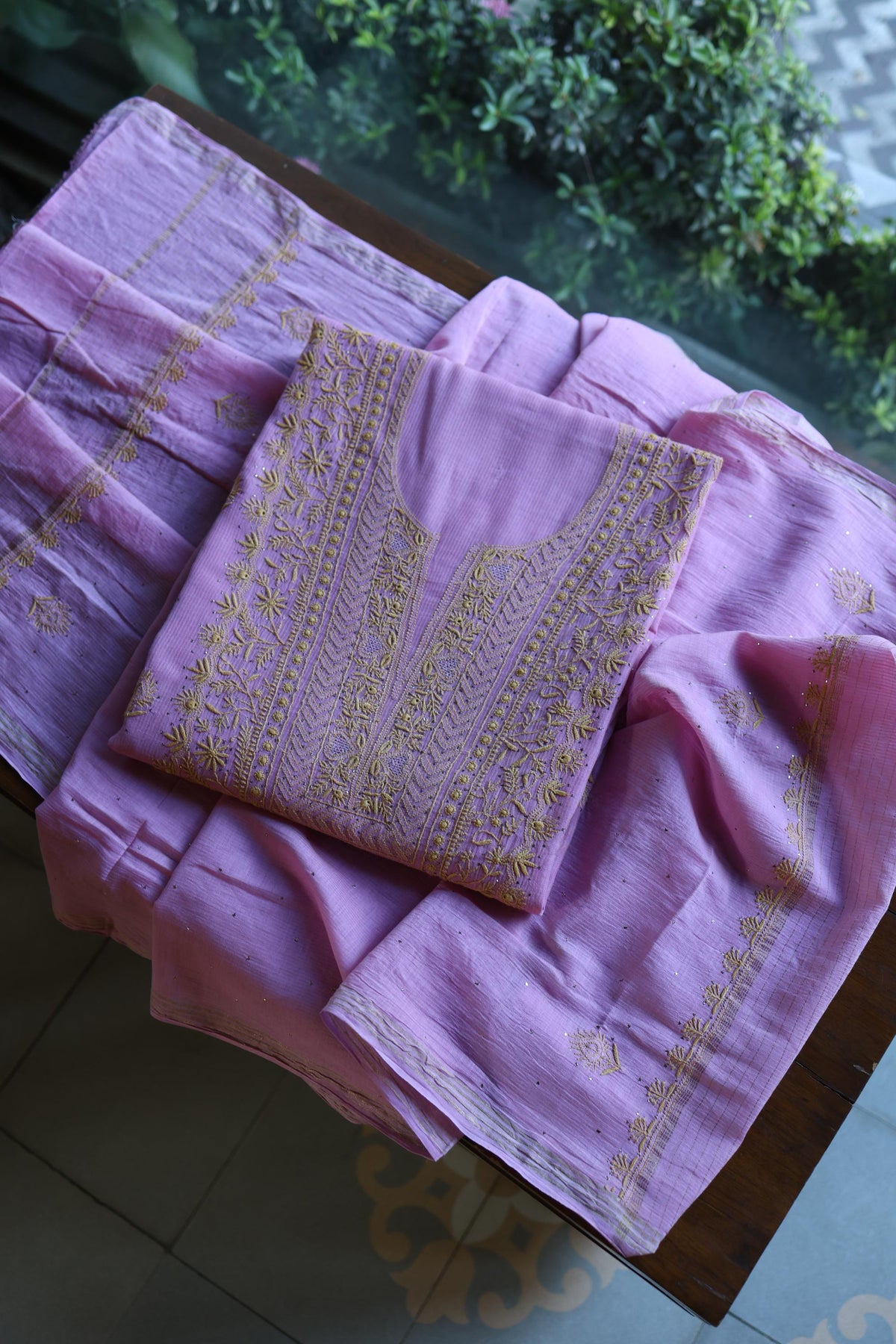 Dusty Lavender Shade Mal Cotton Fine Chikankari With Kamdani Work Unstitched Fabric