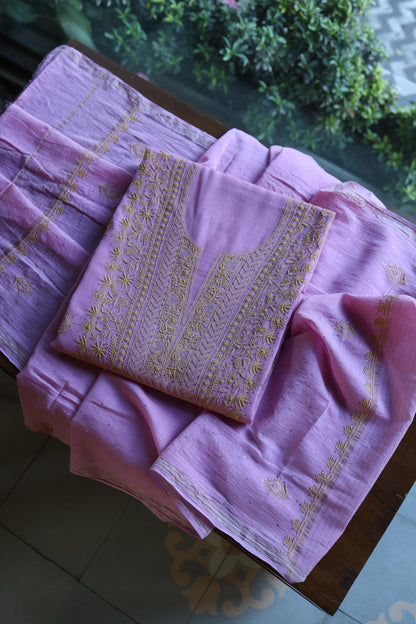 Dusty Lavender Shade Mal Cotton Fine Chikankari With Kamdani Work Unstitched Fabric