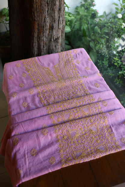 Dusty Lavender Shade Mal Cotton Fine Chikankari With Kamdani Work Unstitched Fabric