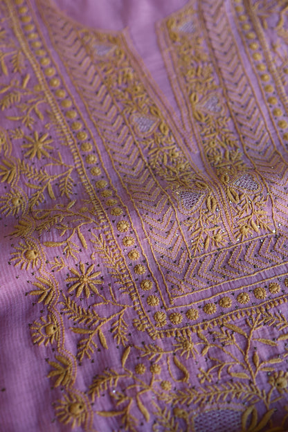 Dusty Lavender Shade Mal Cotton Fine Chikankari With Kamdani Work Unstitched Fabric