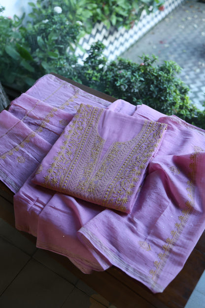 Dusty Lavender Shade Mal Cotton Fine Chikankari With Kamdani Work Unstitched Fabric