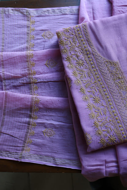 Dusty Lavender Shade Mal Cotton Fine Chikankari With Kamdani Work Unstitched Fabric