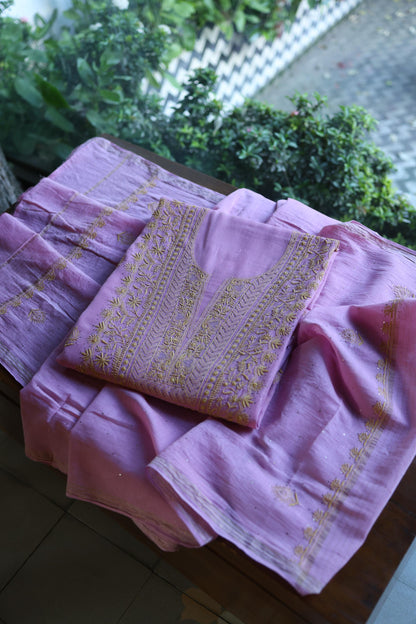 Dusty Lavender Shade Mal Cotton Fine Chikankari With Kamdani Work Unstitched Fabric