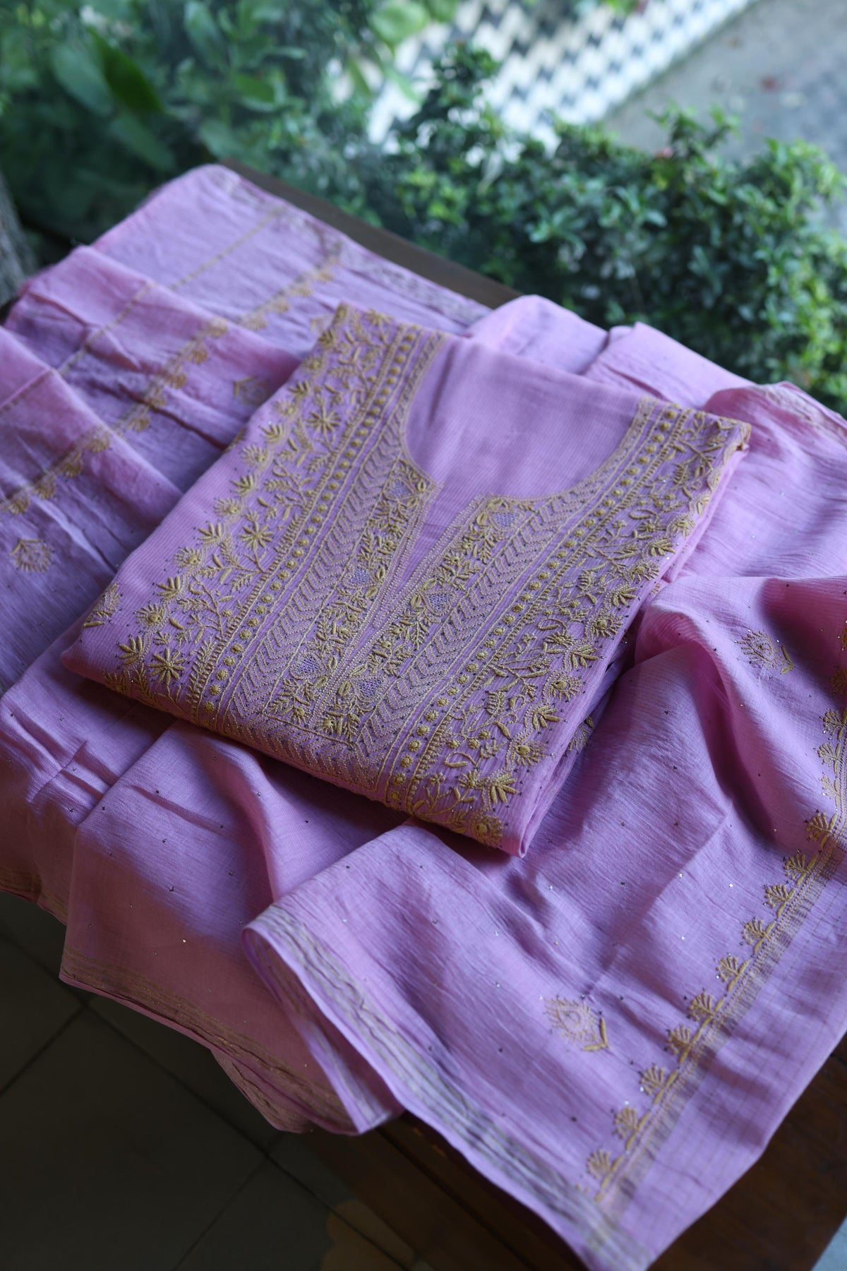 Dusty Lavender Shade Mal Cotton Fine Chikankari With Kamdani Work Unstitched Fabric