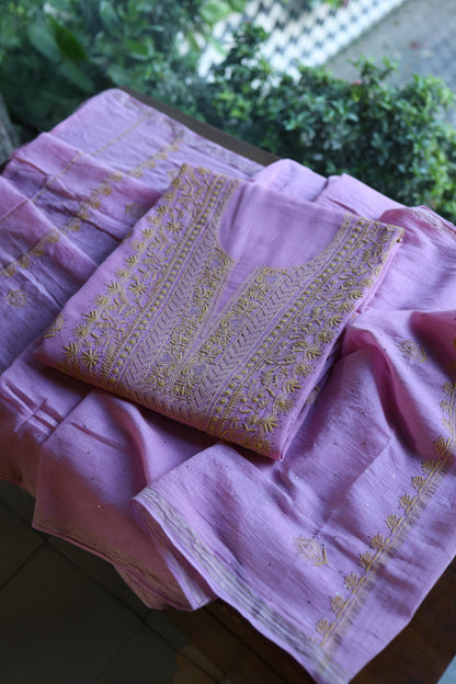 Dusty Lavender Shade Mal Cotton Fine Chikankari With Kamdani Work Unstitched Fabric