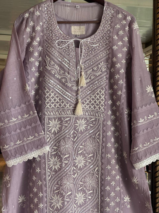 Dusty Lavender Shade Mulmul Pearl White Chikankari Ready to Wear Kurta Set