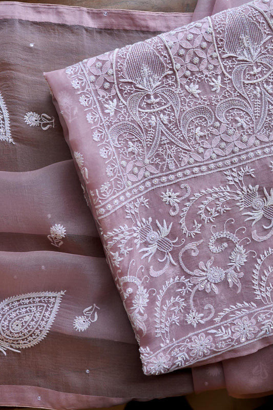 Dusty Lavender Shade Noor Organza Banarasi Silk Chikankari Unstitched Kurta Dupatta Set