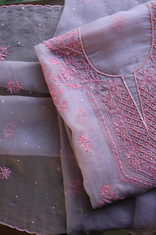 Dusty Lavender Shade Noor Organza Silk Chikankari Unstitched Kurta Dupatta Set