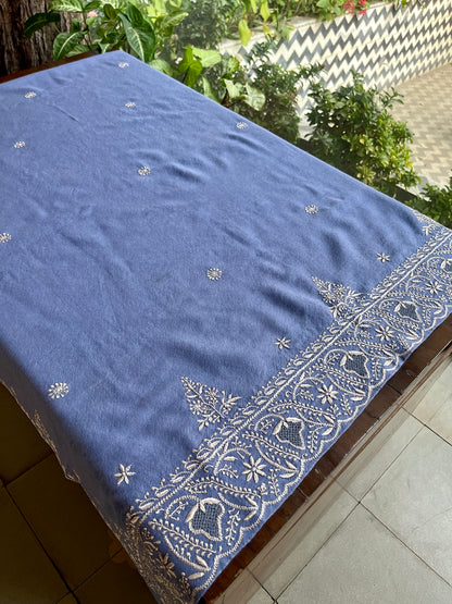 Dusty Lavender Shade Saman Pashmina Resham Thread Chikankari Shawl