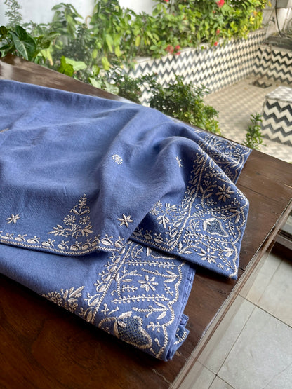 Dusty Lavender Shade Saman Pashmina Resham Thread Chikankari Shawl