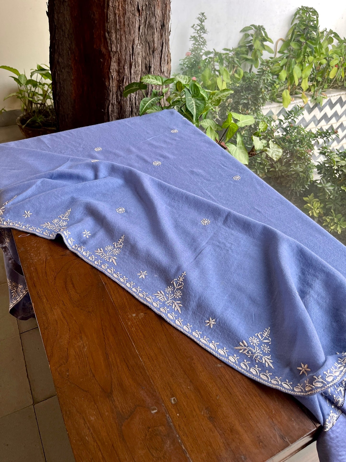 Dusty Lavender Shade Saman Pashmina Resham Thread Chikankari Shawl