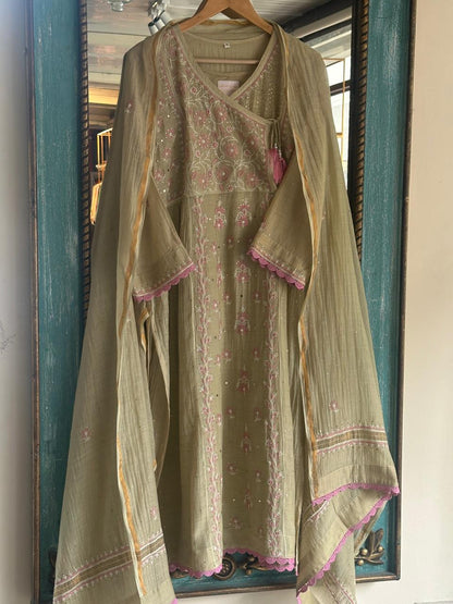 Dusty Olive Malmal Mukaish Kamdani Chikankari Stitched Kurta Dupatta Set