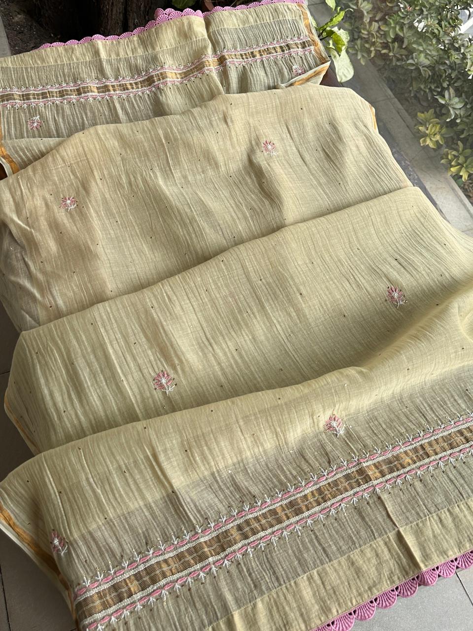Dusty Olive Malmal Mukaish Kamdani Chikankari Stitched Kurta Dupatta Set