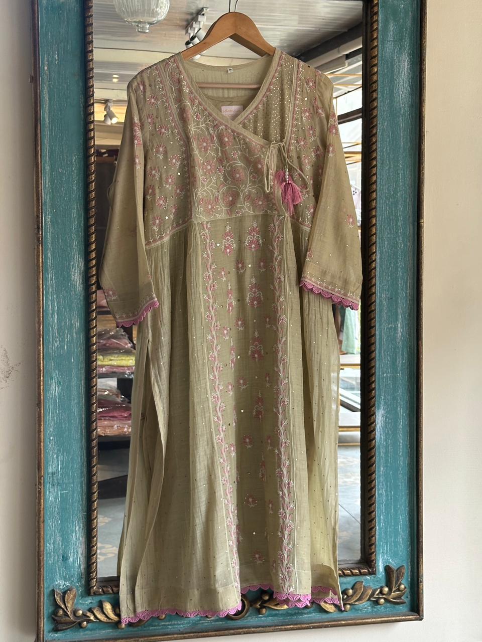 Dusty Olive Malmal Mukaish Kamdani Chikankari Stitched Kurta Dupatta Set