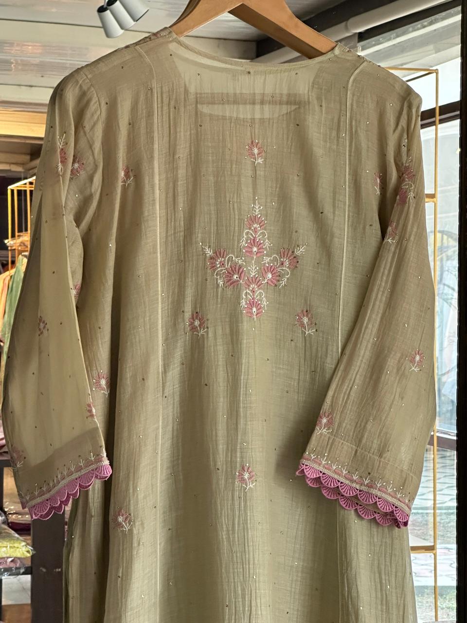 Dusty Olive Malmal Mukaish Kamdani Chikankari Stitched Kurta Dupatta Set