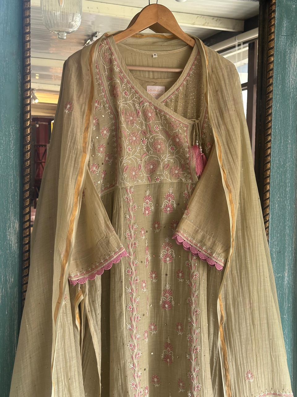 Dusty Olive Malmal Mukaish Kamdani Chikankari Stitched Kurta Dupatta Set