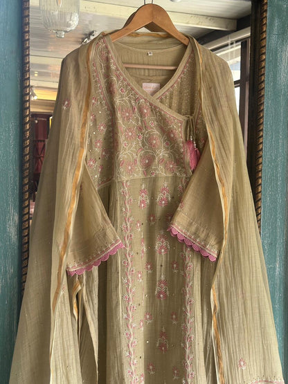 Dusty Olive Malmal Mukaish Kamdani Chikankari Stitched Kurta Dupatta Set