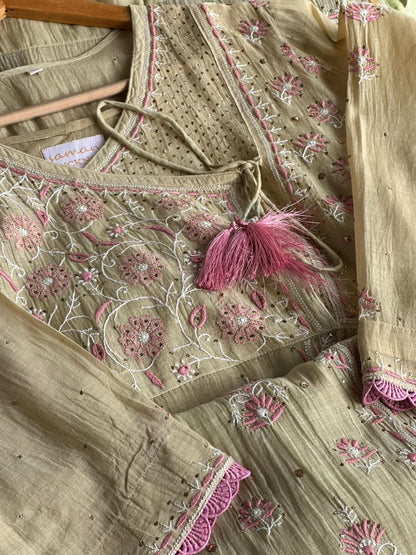 Dusty Olive Malmal Mukaish Kamdani Chikankari Stitched Kurta Dupatta Set