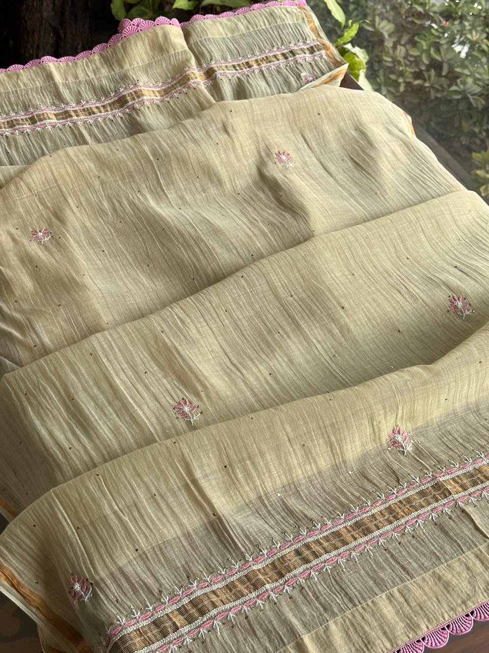 Dusty Olive Malmal Mukaish Kamdani Chikankari Stitched Kurta Dupatta Set