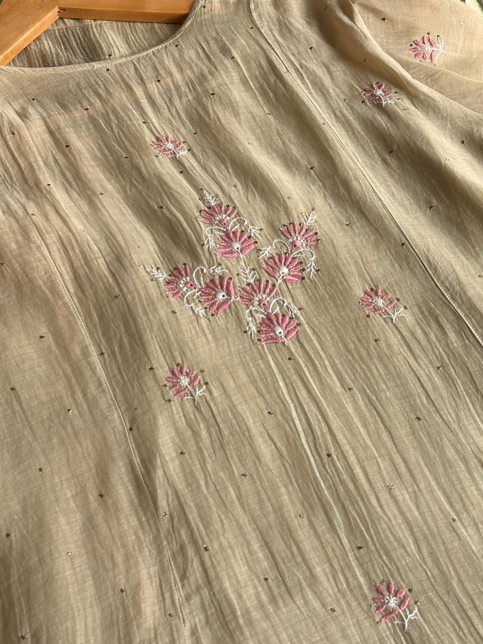 Dusty Olive Malmal Mukaish Kamdani Chikankari Stitched Kurta Dupatta Set