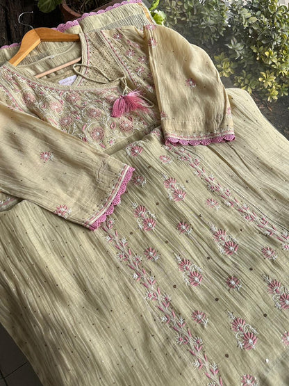 Dusty Olive Malmal Mukaish Kamdani Chikankari Stitched Kurta Dupatta Set