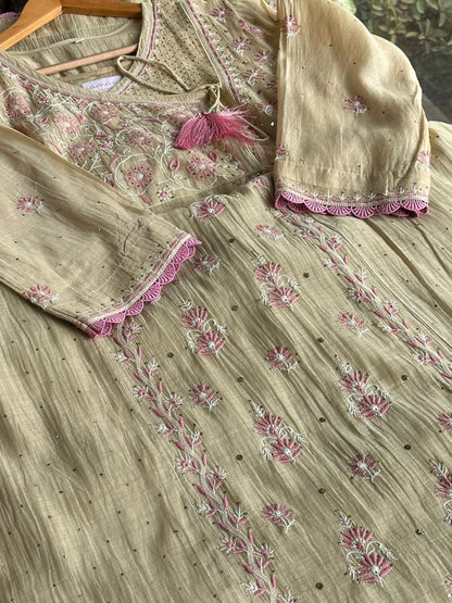 Dusty Olive Malmal Mukaish Kamdani Chikankari Stitched Kurta Dupatta Set