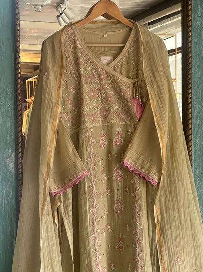 Dusty Olive Malmal Mukaish Kamdani Chikankari Stitched Kurta Dupatta Set
