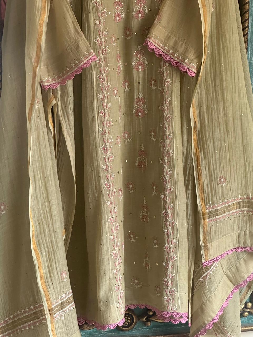 Dusty Olive Malmal Mukaish Kamdani Chikankari Stitched Kurta Dupatta Set