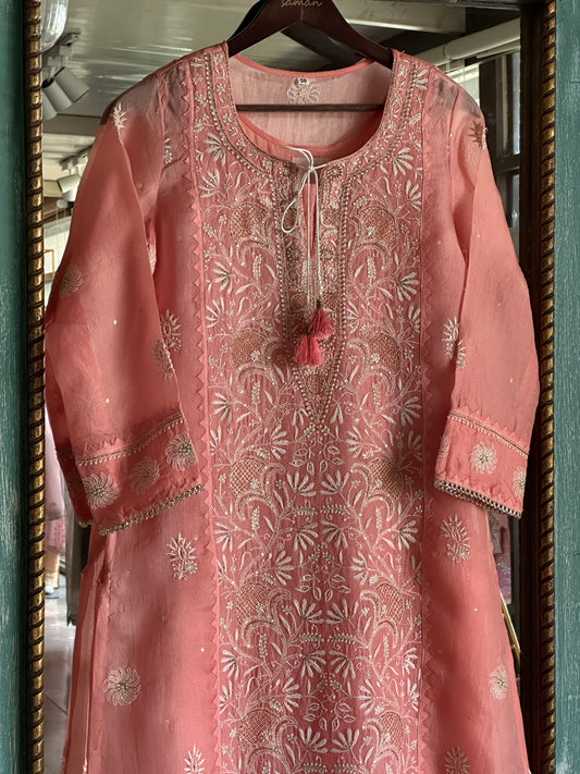 Dusty Peach Noor Organza Silk Chikankari Straight Cut Kurta Dupatta Set