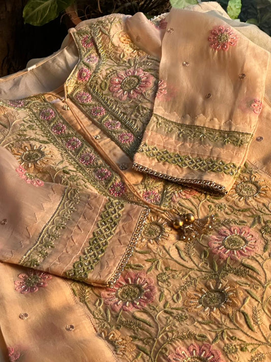 Dusty Peach Shade Chikankari x Applique Organza Kurta Set