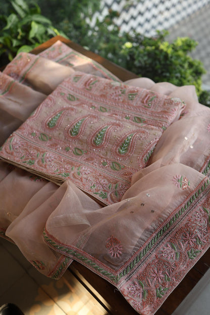 Dusty Peach Shade Noor Banarasi Organza Chikankari Unstitched Fabric