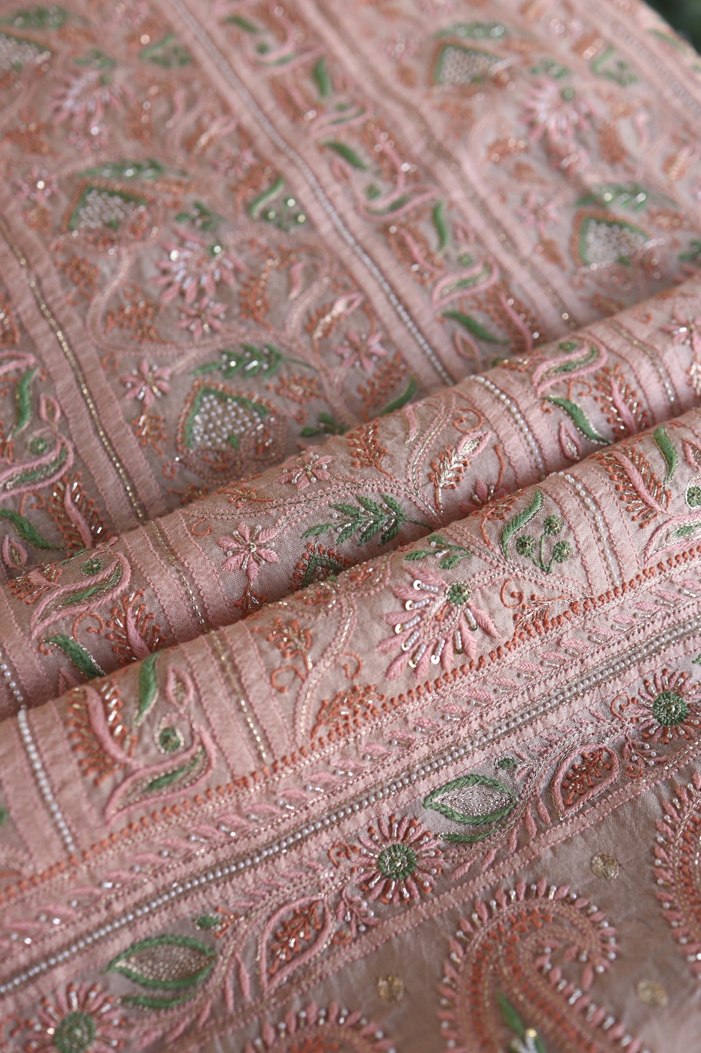Dusty Peach Shade Noor Banarasi Organza Chikankari Unstitched Fabric