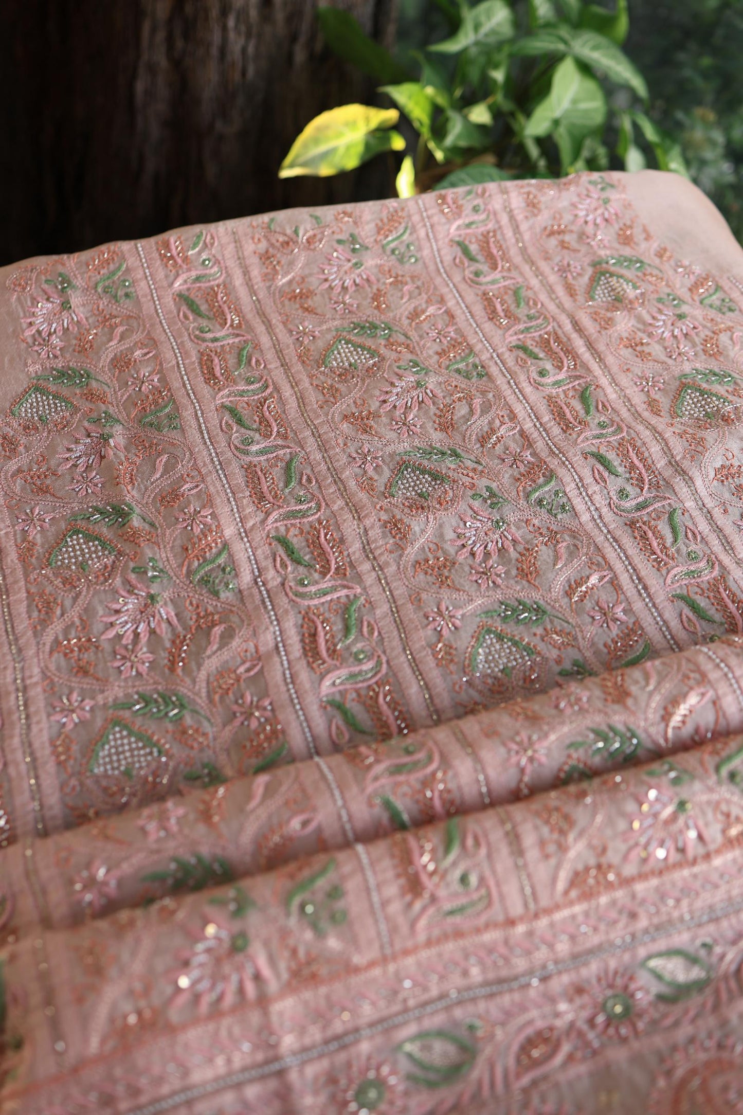 Dusty Peach Shade Noor Banarasi Organza Chikankari Unstitched Fabric