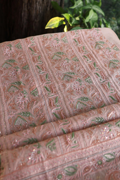 Dusty Peach Shade Noor Banarasi Organza Chikankari Unstitched Fabric