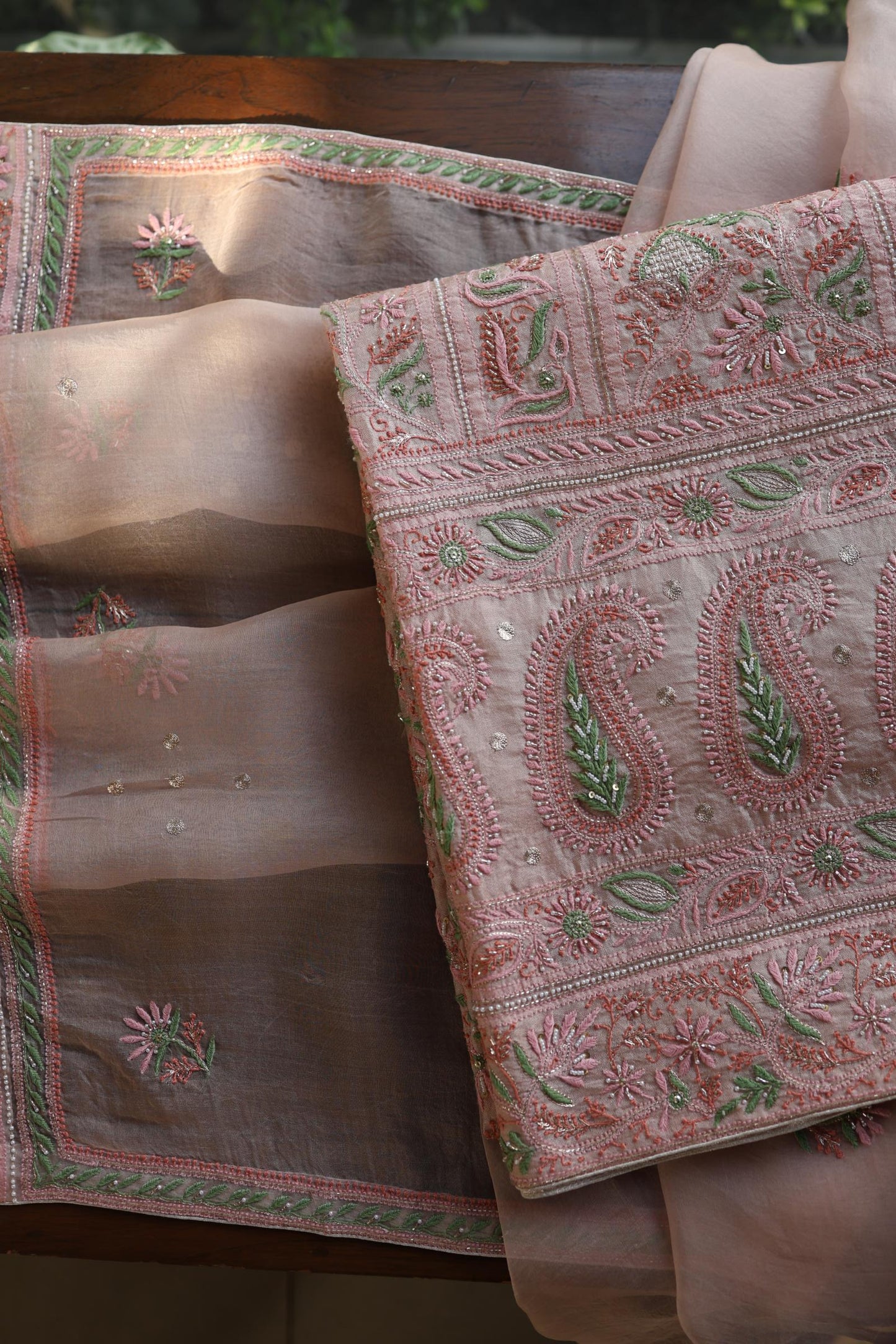 Dusty Peach Shade Noor Banarasi Organza Chikankari Unstitched Fabric